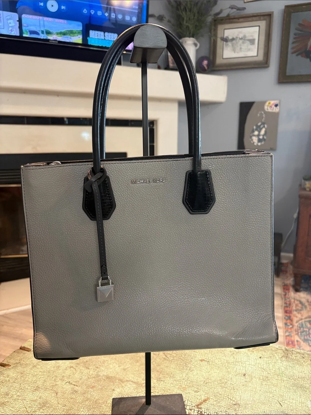 Michael Kors Mercer Studio Large Accordion Tote Pearl Grey Black Leather